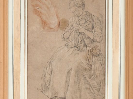 Ecole du nord XVIIIème. "Etude de main et jeune fille à l'ouvrage". De