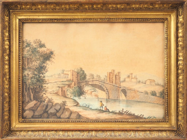 Ecole française XIXème. "Pêcheurs près d'un village". Aquarelle. Dim. 