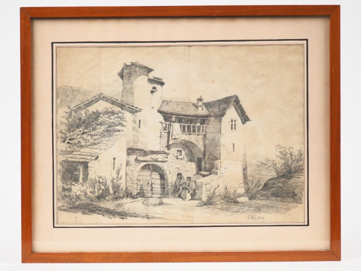 Ecole française XIXème. "Discussion dans l'escalier". Dessin au crayon