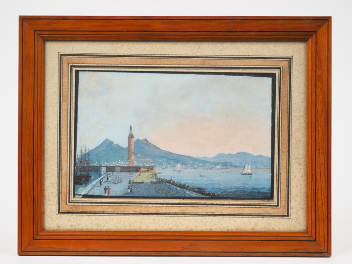 Ecole italienne XIXème. "Vue de la baie de Naples". Gouache. Dim, (à v
