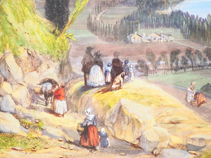 Ecole italienne début XIXème. "Paysage fluvial animé". Grande gouache 