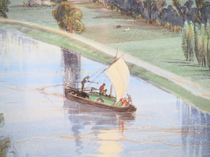 Ecole italienne début XIXème. "Paysage fluvial animé". Grande gouache 