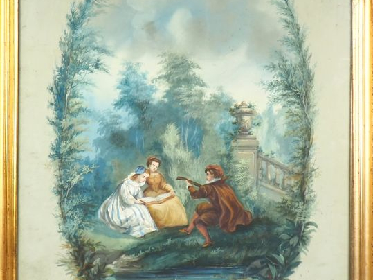 Ecole française XIXème. "La leçon de musique dans un parc". Grande aqu