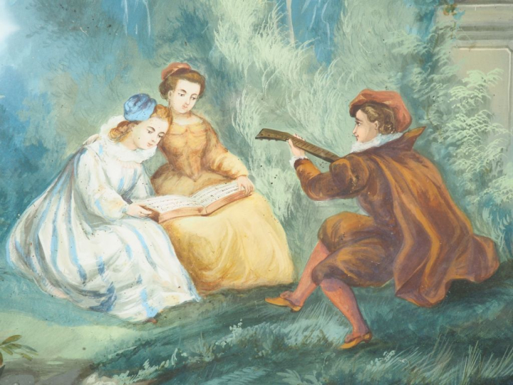 Ecole française XIXème. "La leçon de musique dans un parc". Grande aqu