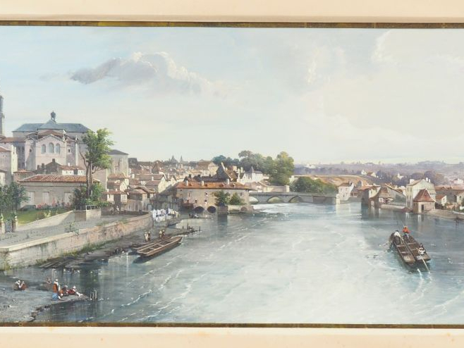 Jean-Jacques ALBAN DE LESGALLERY. "Vue de Périgueux". Aquarelle gouach