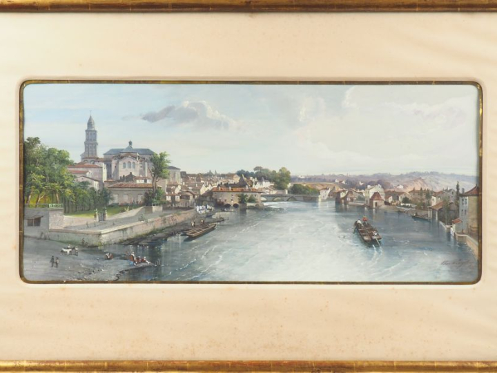 Jean-Jacques ALBAN DE LESGALLERY. "Vue de Périgueux". Aquarelle gouach