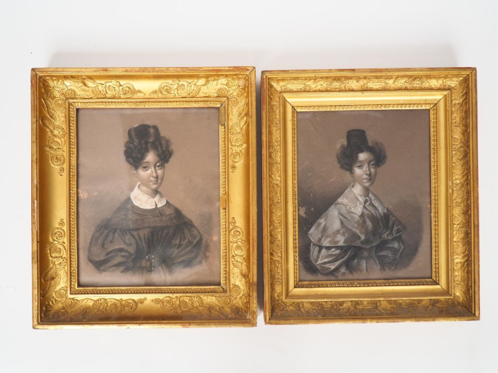Julien Leopold BOILLY. "Portraits des sœurs Ramel". 2 dessins réhaussé