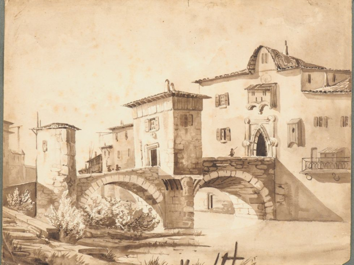 Ecole italienne XIXème. "Le pont médiéval". Dessin au lavis. Dim. (à v