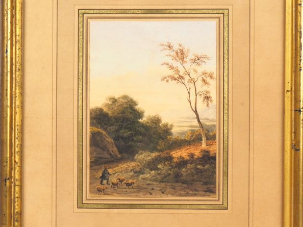 Charles RANSONNETTE. "Berger et ses brebis". Aquarelle, signée en bas 