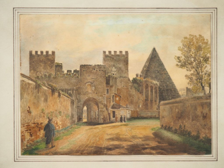 Jean-Lubin VAUZELLE. "Personnages devant des fortifications". Dessin a