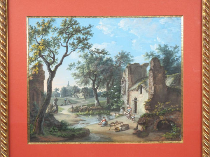 Ecole française début XIXème. "Jeunes paysans devant leur chaumière". 