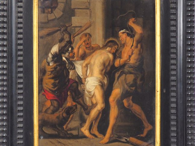 RUBENS (entourage de). "La flagellation du Christ". Huile sur cuivre. 