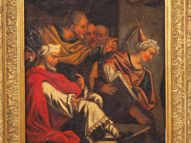 Ecole italienne XVIIème. "Discussion au temple". Huile sur toile marou