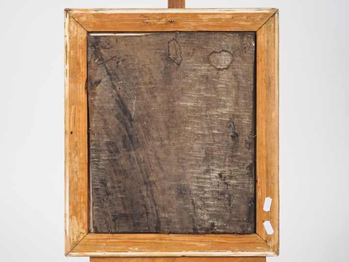 Ecole italienne XVIIème. "Discussion au temple". Huile sur toile marou