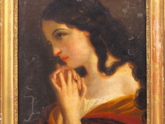 Vente aux enchères Ecole française XVIIIème. "Jeune fille en prière". Huile sur toile mar