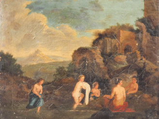 Vente aux enchères Ecole du nord fin XVIIIème. "Jeune filles aux bains". Huile sur toile.