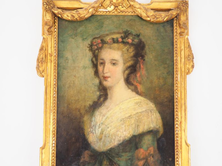Ecole française fin XIXème. "Portrait de dame à la couronne de fleurs"