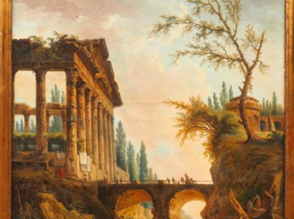 Vente aux enchères Ecole française XIXème d'après Hubert ROBERT. "Paysage lacustre animé 