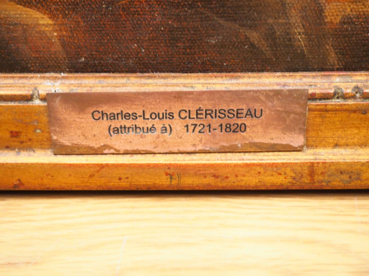 Ecole française XIXème d'après Hubert ROBERT. "Paysage lacustre animé 