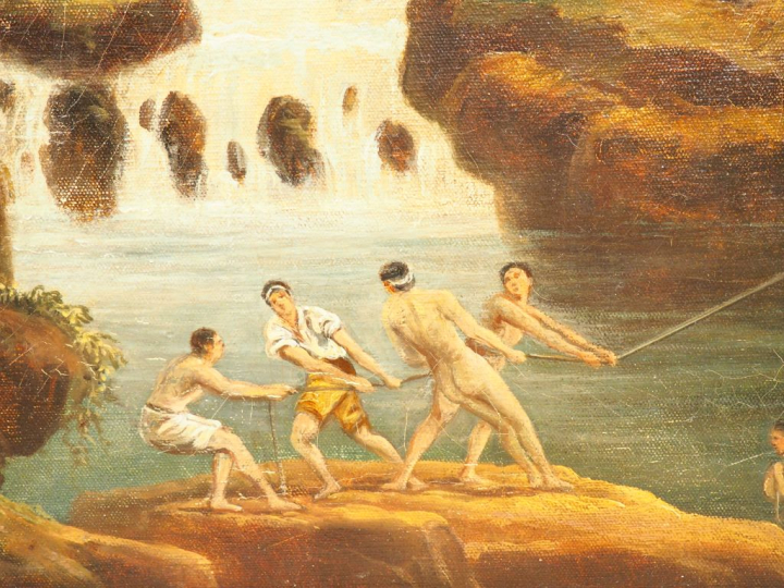 Ecole française XIXème d'après Hubert ROBERT. "Paysage lacustre animé 