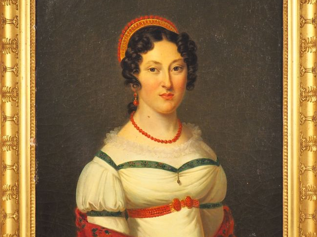 Ecole française début XIXème. "Portrait de femme à la parure corail". 