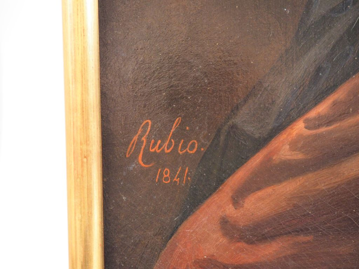 Luigi RUBIO. "Portrait de dame à la robe de soie parme". Grande huile 