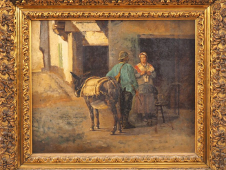 Vente aux enchères Ecole italienne XIXème. "Discussion dans la ruelle". Huile sur toile. 