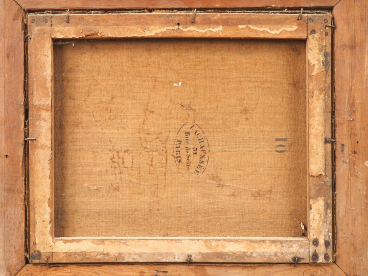 Ecole italienne XIXème. "Discussion dans la ruelle". Huile sur toile. 