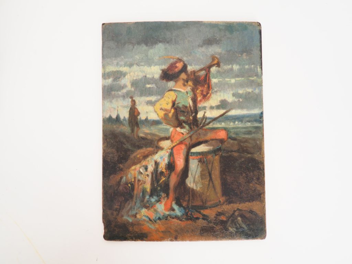 Ecole italienne XIXème. "Clairon sur le champs de bataille". Huile sur