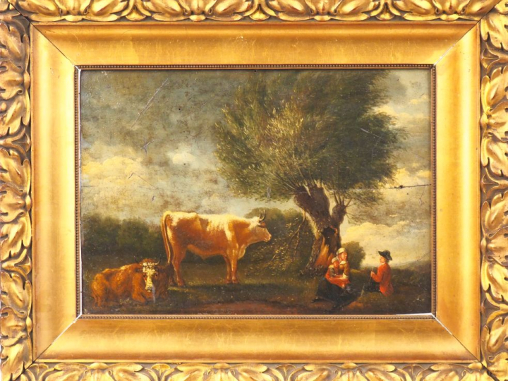 Ecole du nord XIXème. "Le repos du berger et sa famille". Huile sur pa