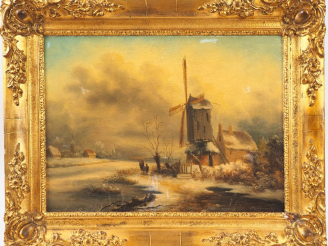 Vente aux enchères Charles LEICKERT (dans le goût de). "La campagne hollandaise enneigée"