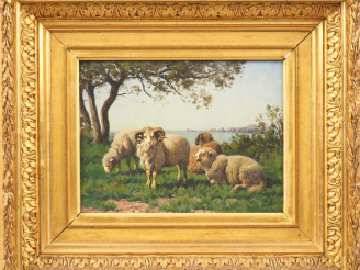 Vente aux enchères William Baptiste BAIRD. "Moutons et bêliers en bord de falaise". Huile