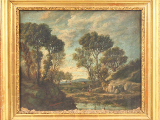 Vente aux enchères Lucien MENGAUD. "Bergères et leur troupeau". Huile sur toile, signée e