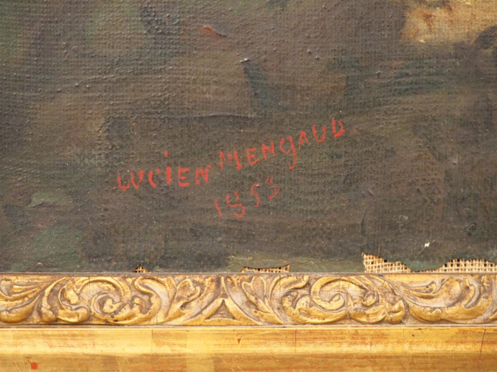 Lucien MENGAUD. "Bergères et leur troupeau". Huile sur toile, signée e