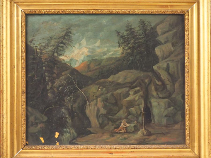 Lucien MENGAUD. "Ermite dans un paysage montagneux". Huile sur toile, 