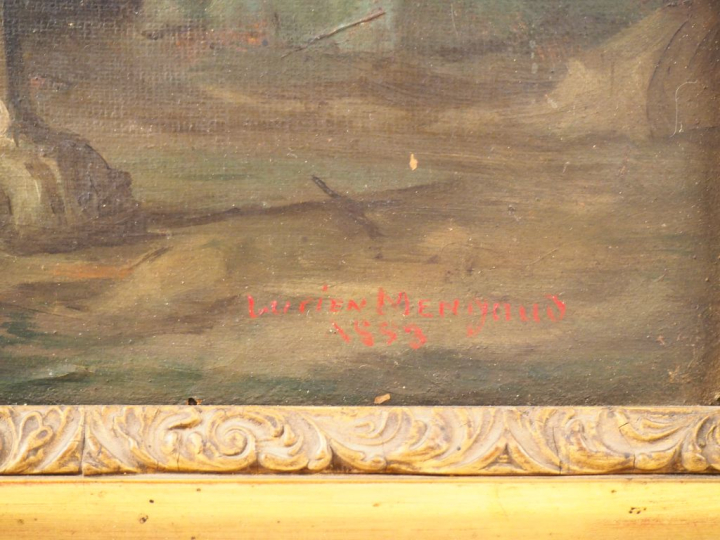 Lucien MENGAUD. "Ermite dans un paysage montagneux". Huile sur toile, 