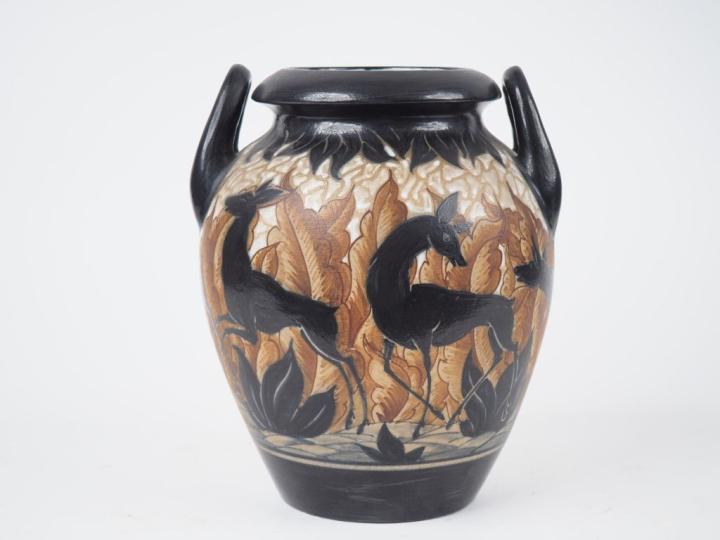 CIBOURE. R. LE CORRONE. Vase ovoide Art Déco en céramique brune noire 