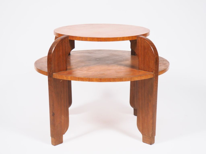 Guéridon 1940 en citronnier, deux plateaux circulaires. H. 64 cm Diam.