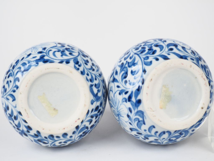 Paire de vases à long col en porcelaine de Chine à décor bleu blanc. H