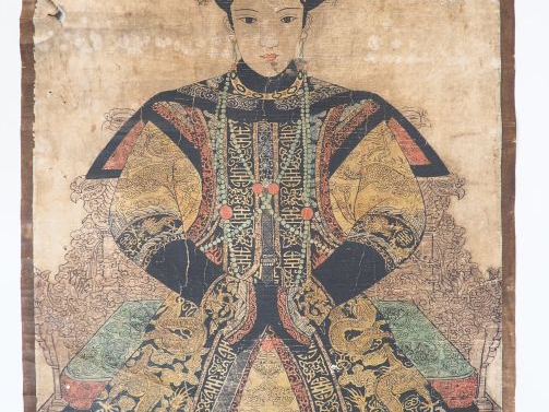 Chine XXème. 2 peintures sur toiles montées en rouleau:  L'un figurant