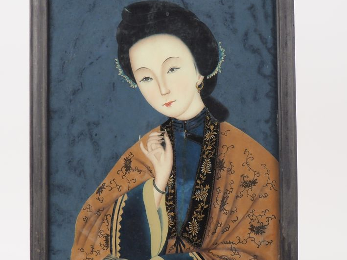 Chine vers 1900. Ensemble de 4 fixés sous verre encadrés représentant 