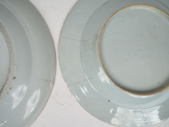 Chine.  Paire d'assiettes compagnie des Indes XVIIIème (fel et éclat) 