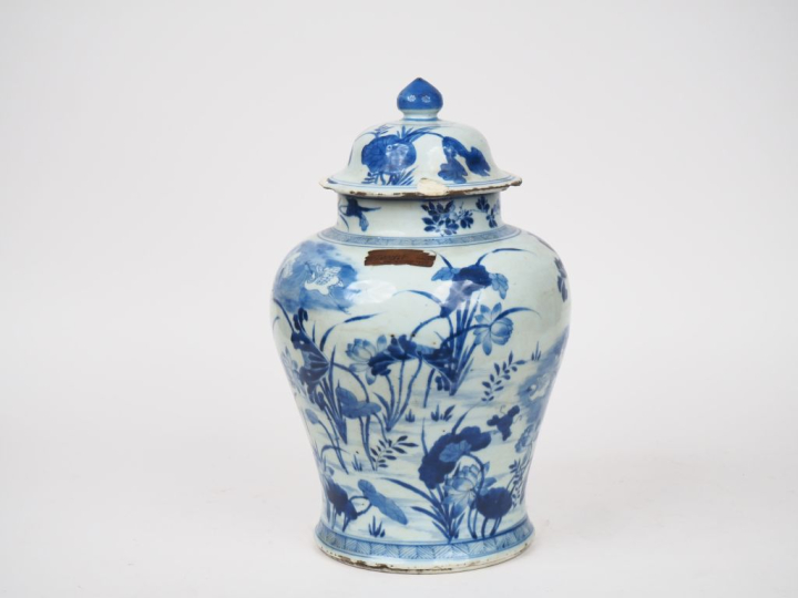 Chine période Qing.  Potiche couverte en porcelaine blanche à décor bl