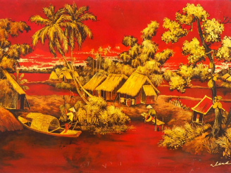 Vente aux enchères Indochine 1960. Thanhlay. Panneau en laque "village lacustre entouré d