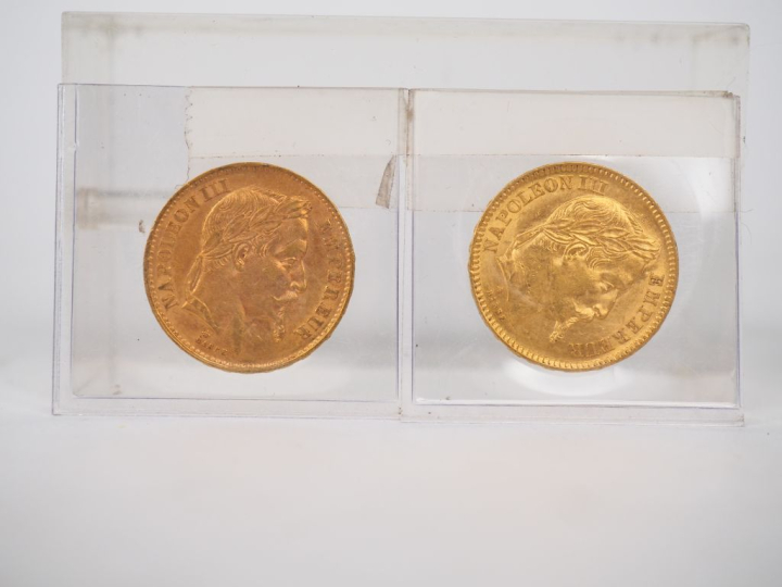 Deux pièces de 20 Francs or, 1861-A et 1870-A. FRAIS ACHETEURS 10% HT.