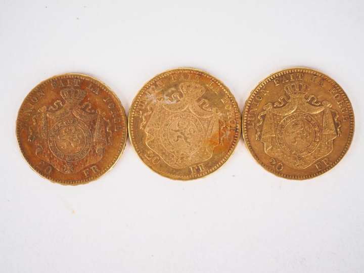 Trois pièces de 20 Francs Belge or, 1876 et 1877. FRAIS ACHETEURS 10% 