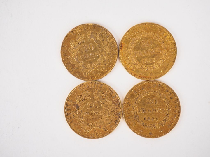 Quatre pièces de 20 Francs or, 1949-A (x2) et 1850-A (x2). FRAIS ACHET