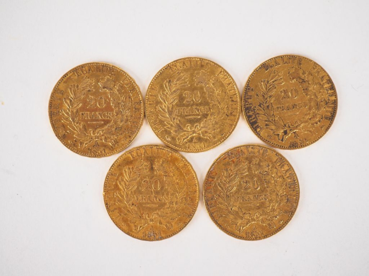 Cinq pièces de 20 Francs or, 1851-A. FRAIS ACHETEURS 10% HT.   