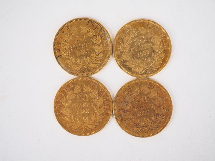 Quatre pièces de 20 Francs or, 1855-A. FRAIS ACHETEURS 10% HT.   