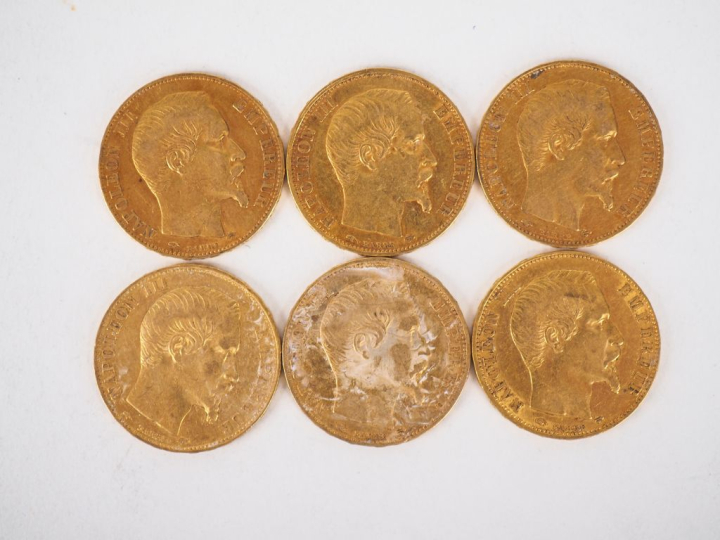 Six pièces de 20 Francs or, 1856-A (x3) et 1857-A (x3). FRAIS ACHETEUR